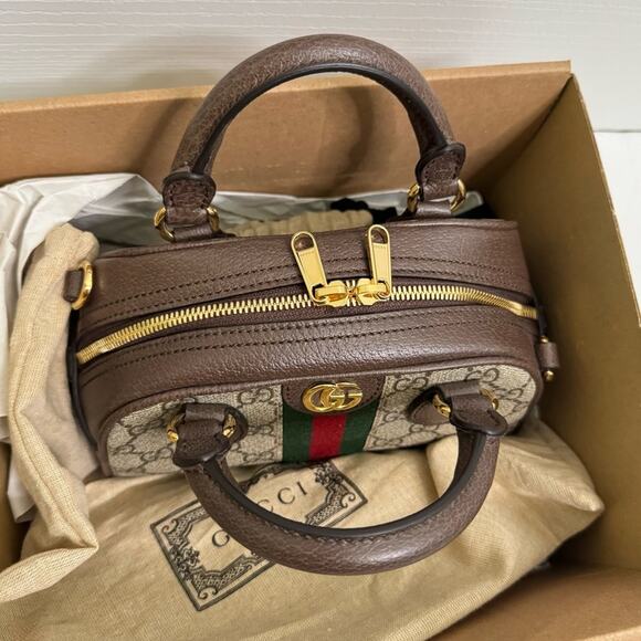 Gucci Ophidia GG Mini Top Handle Bag Dome Shape Crossbody Brown Gold New Rare - Picture 8 of 16